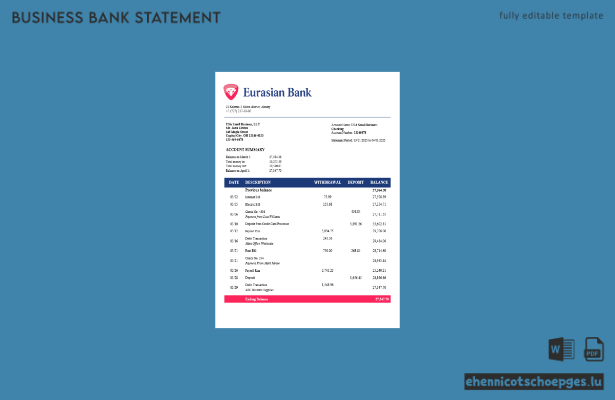 Beispielvorschau eines Geschäftskontoauszugs der Eurasischen Bank im Word- und PDF-Format